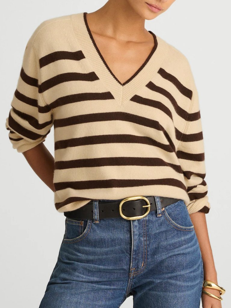 New Madewell 100% Cashmere Striped Sweater Beige Brown Xs $188